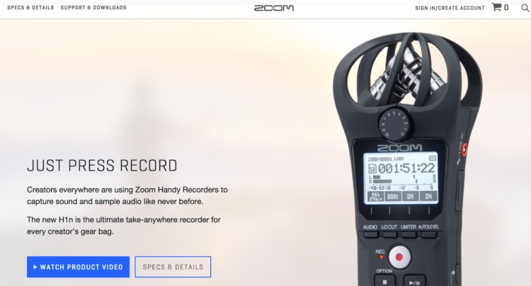 Zoom H1n portable audio recorder displayed on product page, designed for creators and podcasters to capture high-quality sound anywhere