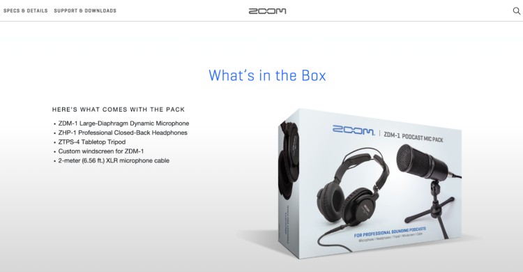 Zoom ZDM-1 podcast kit should include microphone, headphones, tripod, windscreen, and XLR cable shown in the product box