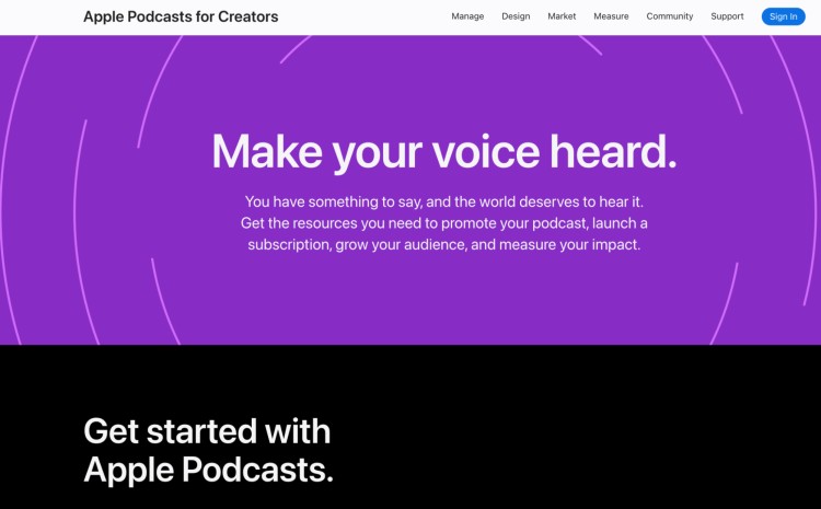 Apple Podcasts homepage for creators featuring a bold purple header with the message "Make your voice heard" and details on launching and growing a podcast using Apple Podcasts.