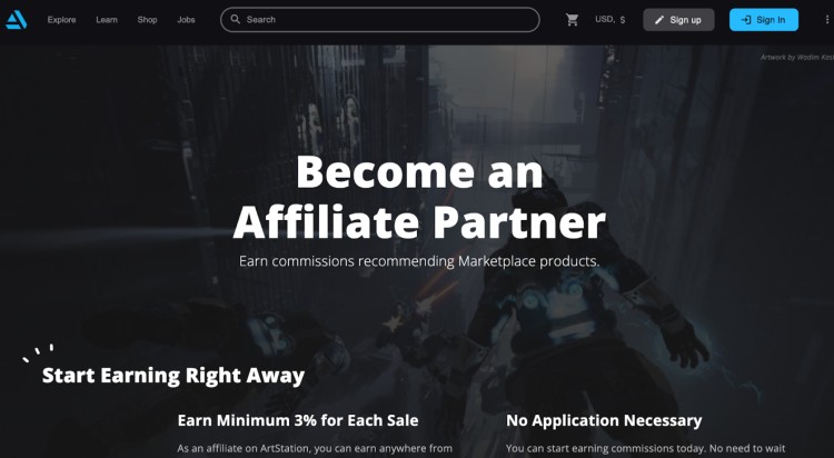 ArtStation affiliate partner page promoting how creators can sell digital assets and earn commissions.