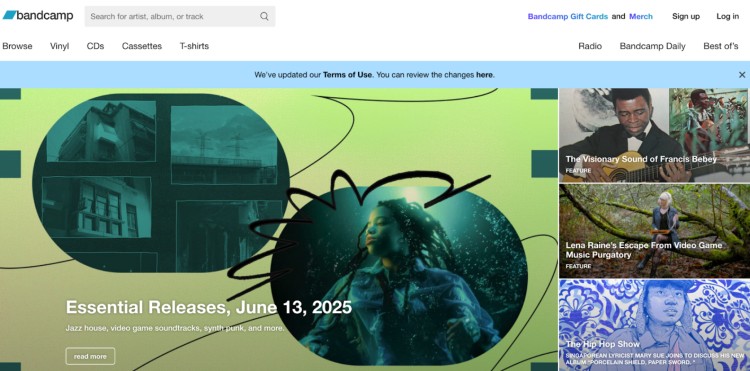 Bandcamp homepage showing how creators sell music, vinyl, and merchandise directly to fans with features like essential releases and artist spotlights.