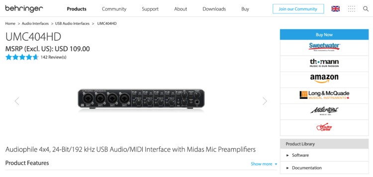 Behringer UMC404HD USB audio interface with four mic inputs, ideal podcasting equipment for recording multiple voices.