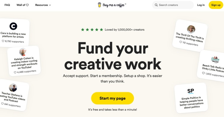 Buy Me a Coffee homepage showing how creators can fund their work through memberships and supporter tips.