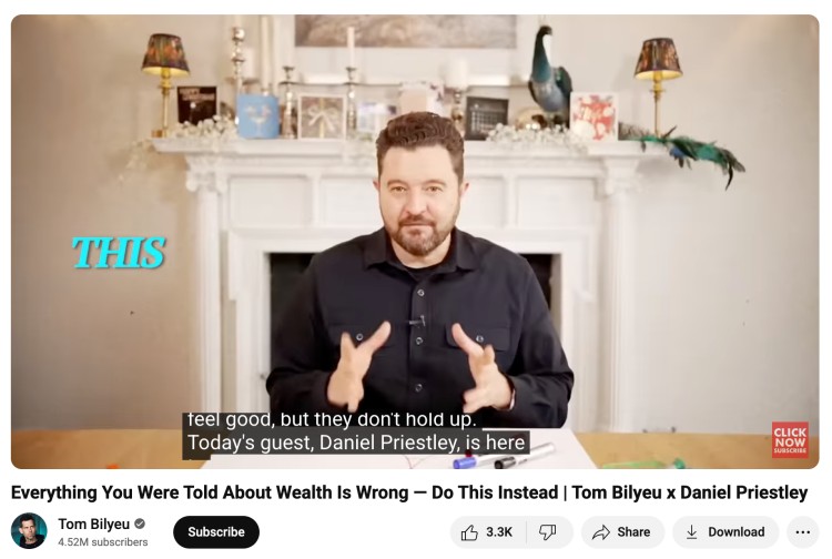 Catchy intro from Tom Bilyeu’s video featuring Daniel Priestley, where they challenge traditional wealth advice in a vibrant, studio-style setting.