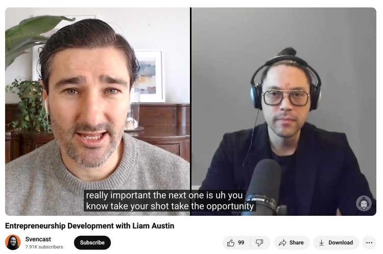 Conversational podcast episode featuring Liam Austin and the host of Svencast discussing entrepreneurship development.