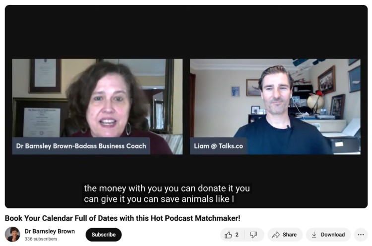Screenshot of Dr. Barnsley Brown and Liam Austin during the final moments of a podcast interview, demonstrating how to end a podcast with a personal message and call to action.