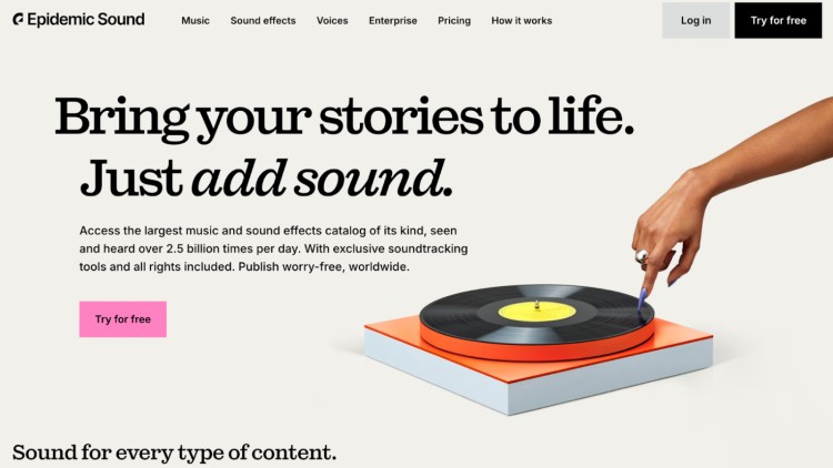 Homepage of Epidemic Sound showing a turntable and promoting access to music and sound effects for your podcast.