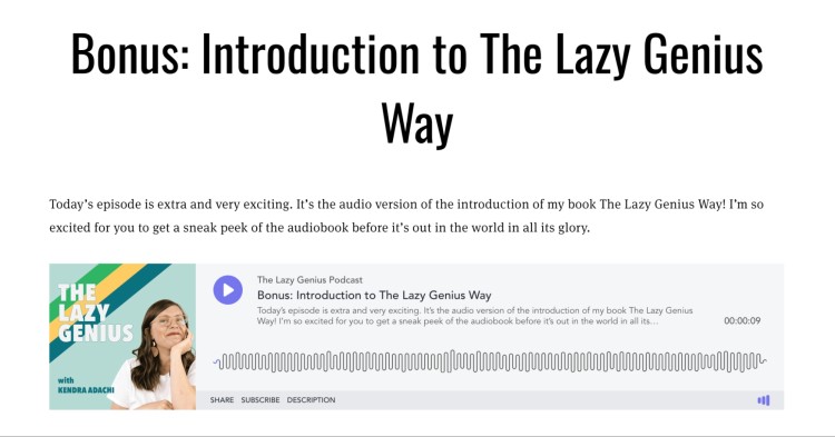 Episode title screen showing "Bonus: Introduction to The Lazy Genius Way" from The Lazy Genius Podcast featuring author Kendra Adachi.