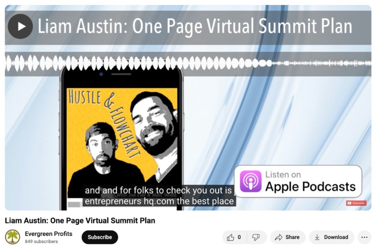 Episode outro moment from Evergreen Profits podcast featuring Liam Austin discussing his One Page Virtual Summit Plan.