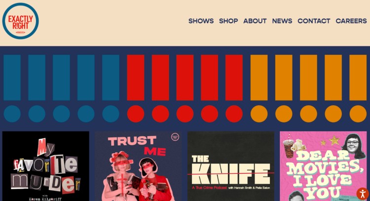 Exactly Right Media homepage showcasing popular podcasts within true crime, comedy, and pop culture genres.