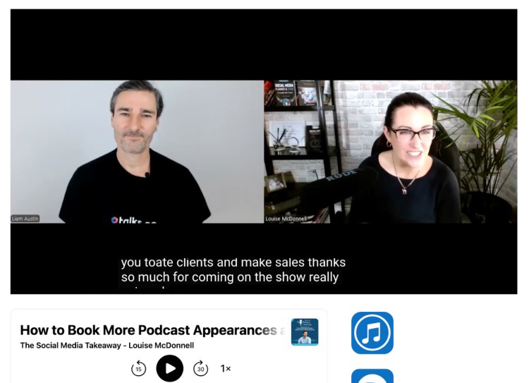 Screenshot of a podcast ending moment from The Social Media Takeaway featuring Liam Austin and Louise McDonnell wrapping up their discussion.