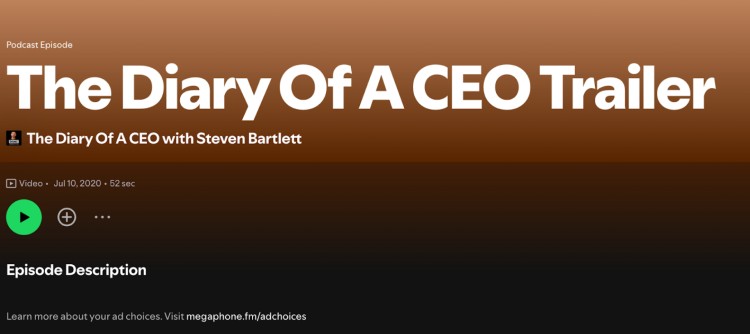 Trailer that stands out from The Diary of a CEO podcast by Steven Bartlett, introducing the show with a bold visual and short 52-second preview.