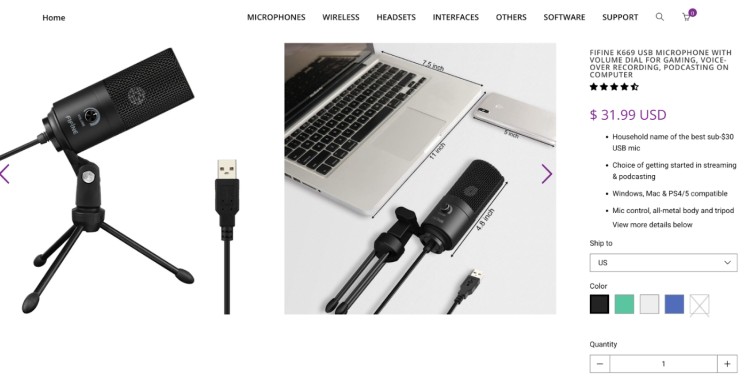 FIFINE K669B USB microphone with tripod stand and volume dial, shown connected to a laptop.