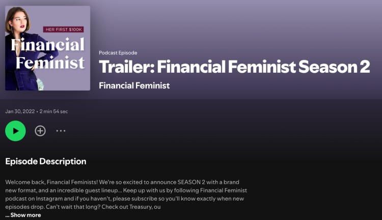 Trailer starts Financial Feminist Podcast Season 2 with a new format, guest lineup, and strong solo show presence hosted by a confident voice in finance.