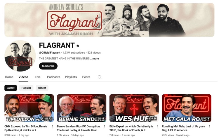 YouTube channel of Flagrant podcast with Andrew Schulz and Akaash Singh, showing recent episodes that mix humor and mindful moments in their commentary.