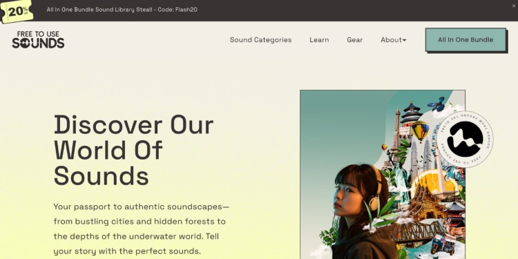 Homepage of Free to Use Sounds, a platform offering royalty-free libraries perfect for adding sound effects in your podcast.