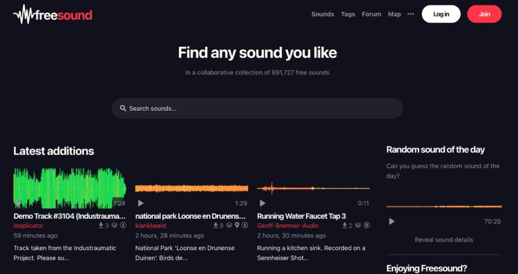 Screenshot of Freesound.org homepage featuring a searchable library of sound effects uploaded by users.