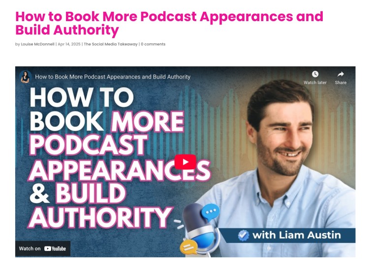 Podcast cover image featuring Liam Austin with the title "How to Book More Podcast Appearances & Build Authority" displayed prominently on screen.