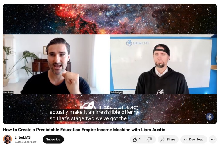 Screenshot of the LifterLMS video introduction featuring Liam Austin and Chris Badgett discussing how to create a predictable education income machine.