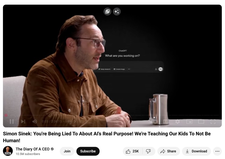 Introduction moment featuring Simon Sinek on The Diary of a CEO, discussing AI and ChatGPT with an on-screen prompt asking, "What are you working on?"