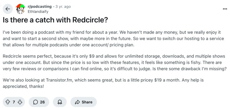 Reddit user asks if RedCircle is a trustworthy company for podcast hosting and monetization features.