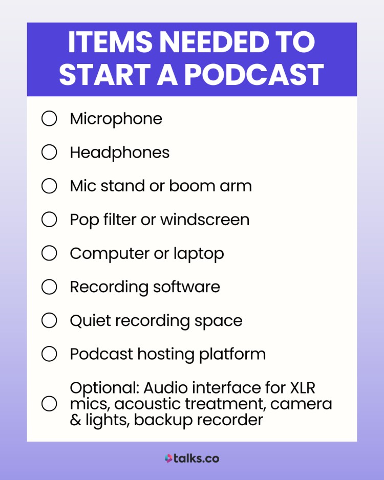 Checklist graphic showing essential equipment and tools needed to create a podcast, including mic, software, and hosting.