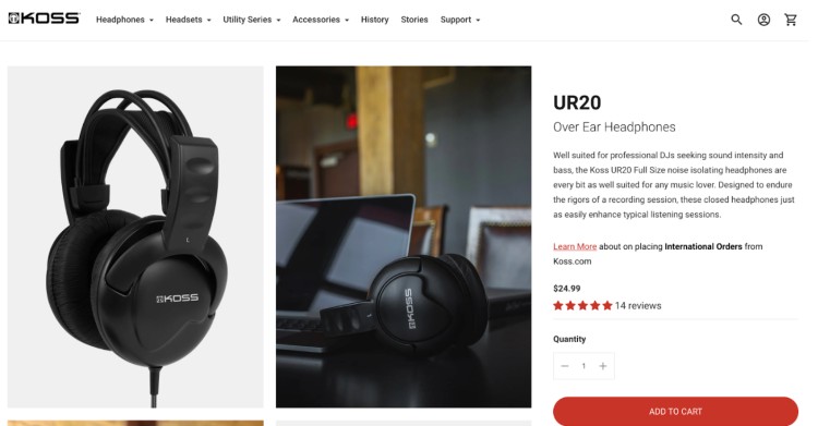 Koss UR20 over-ear headphones placed on a desk next to a laptop, ideal for podcast or studio use.