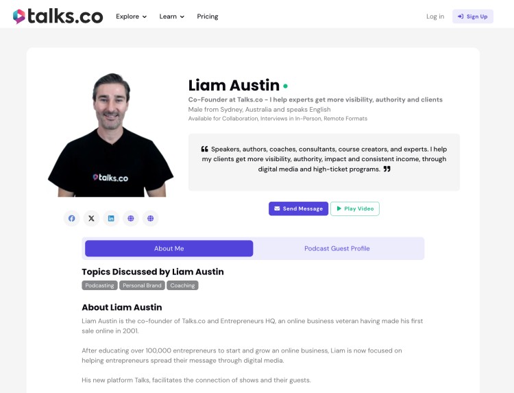 Liam Austin’s speaker profile on Talks.co showcasing his expertise and availability for interviews, using a podcast app to connect with hosts.
