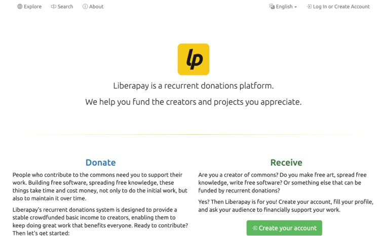 Liberapay homepage describing it as a platform allowing creators to receive recurrent donations to support their work.