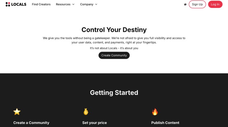 Locals platform homepage allowing creators to build gated, paid communities with full ownership over content, audience, and income.