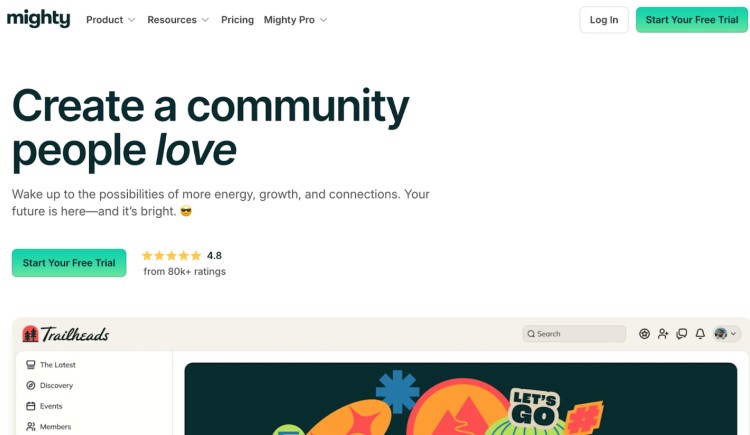 Mighty Networks homepage showcasing tools for creators to build vibrant online communities with courses, memberships, and events.