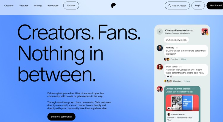 Homepage of a Patreon page showing how creators can connect directly with fans through chats and exclusive content.