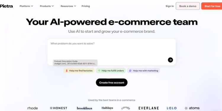 Pietra homepage showing an AI-powered e-commerce dashboard built as an alternative to Patreon for creators selling physical products.