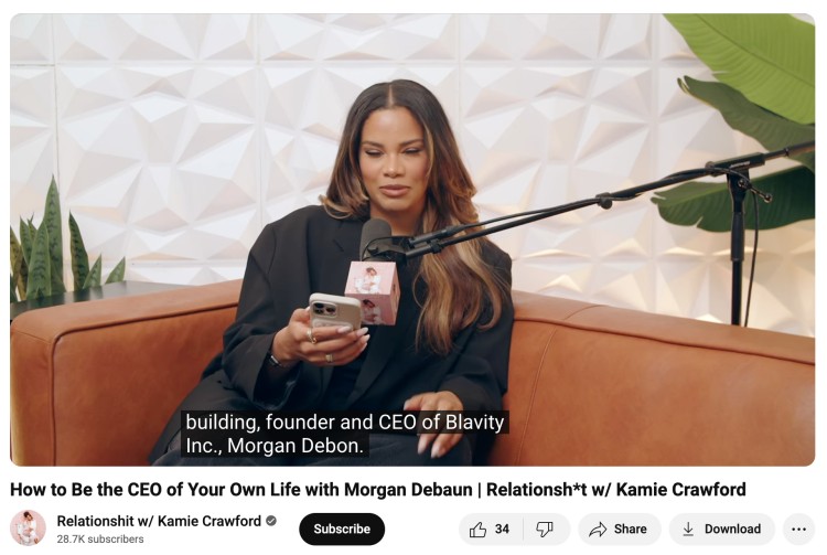 Podcast intro script moment from Relationship*t with Kamie Crawford featuring Morgan DeBaun, founder and CEO of Blavity Inc.