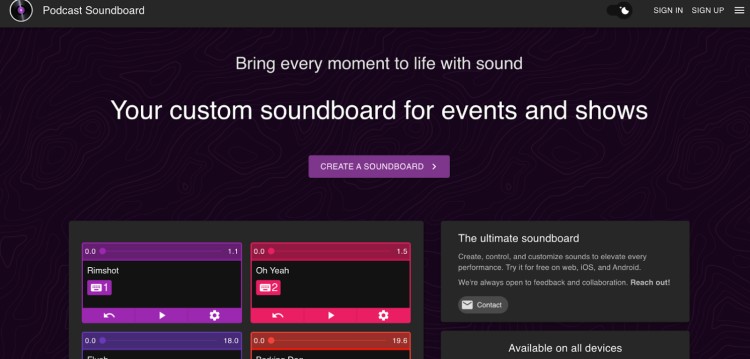 Screenshot of Podcast Soundboard homepage showcasing how you can add effects to your episode using a customizable soundboard.