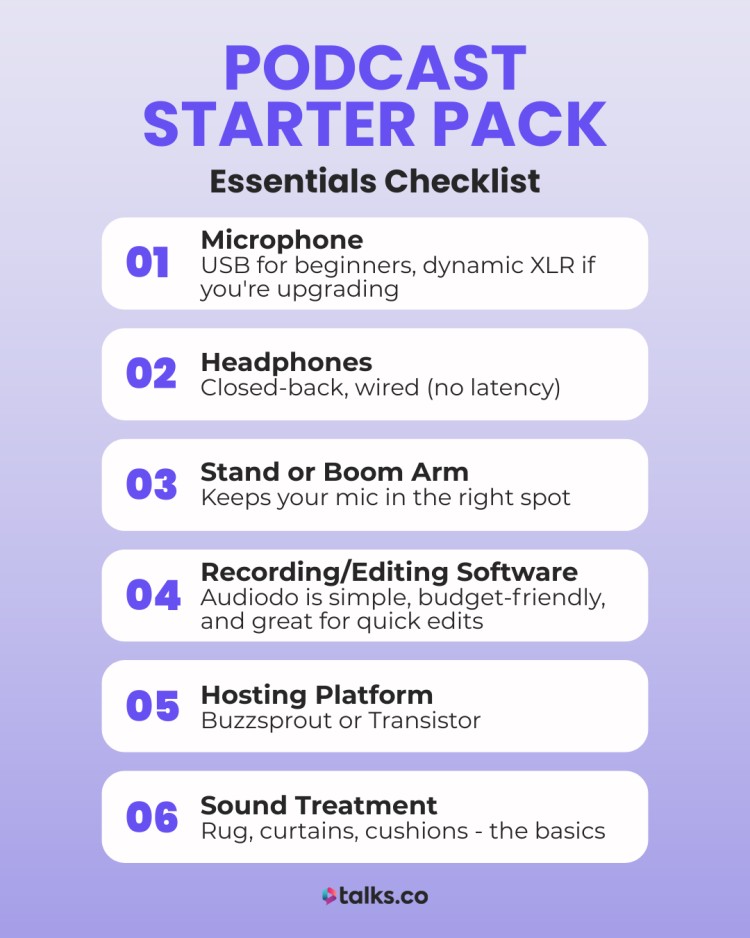Podcast Starter Pack checklist image showing essential items like microphone, headphones, boom arm, editing software, hosting platform, and sound treatment.