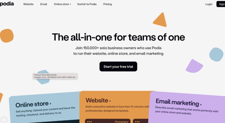 Podia homepage promoting itself as a great alternative for creators who want an all-in-one platform for website, store, and email.