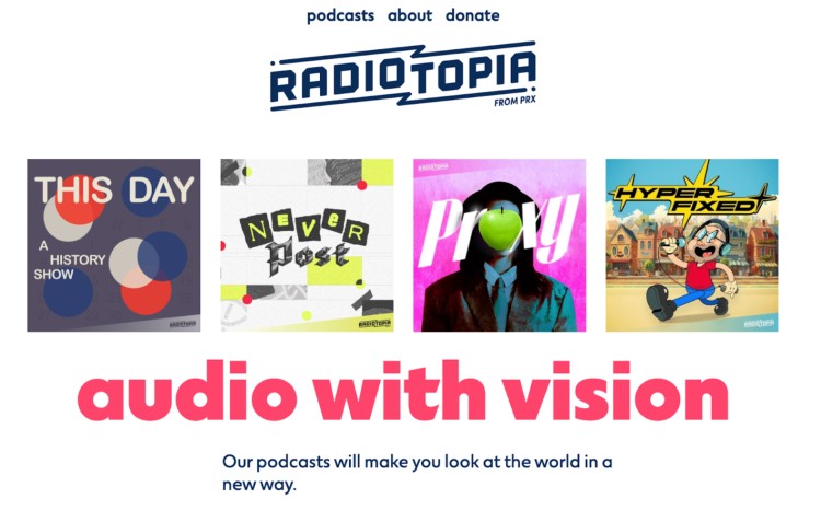Radiotopia homepage showcasing podcasts like Proxy and Hyper Fixed, highlighting Radiotopia’s focus on story-driven audio.