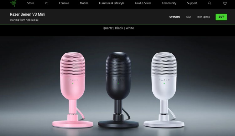 Three Razer Seiren V3 Mini USB microphones in pink, black, and white on display.