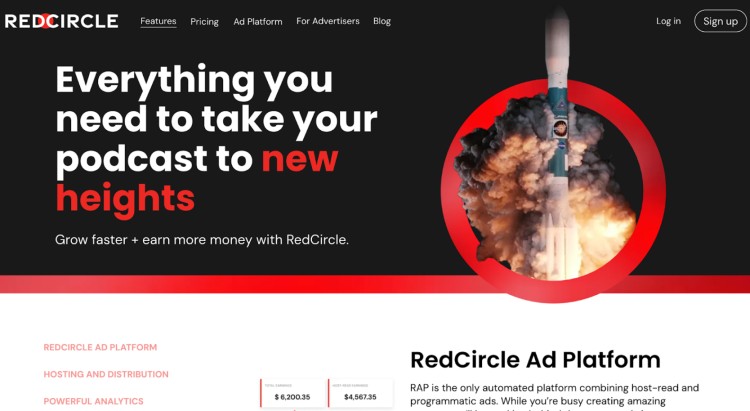 RedCircle homepage featuring its podcast ad platform to help creators grow and earn more from their content.