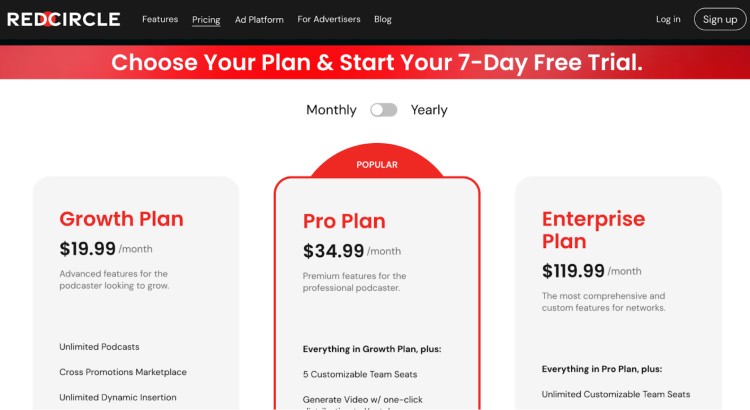 RedCircle subscription pricing options designed for every type of podcaster, from beginners to professionals.
