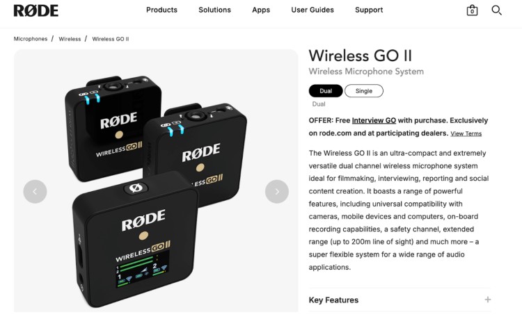 RODE Wireless GO II audio equipment featuring dual wireless microphones and compact receiver for video and podcast use.