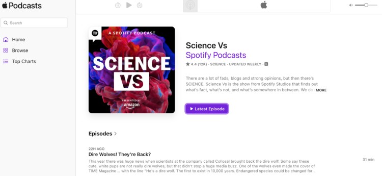 Screenshot of the Science Vs podcast on Apple Podcasts, showing how a segment can also be used to explore controversial or trending science topics with evidence-based insights.