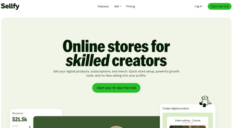 Sellfy homepage promoting its online store builder as a powerful alternative to Patreon for creators selling digital products and merch.