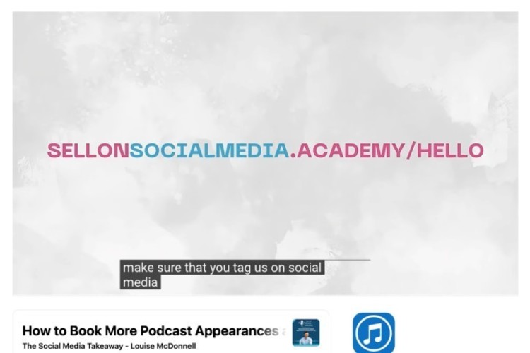 Final podcast screen encouraging the listener to visit sellonsocialmedia.academy/hello and tag the show on social media.