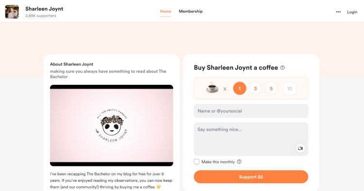 Buy Me a Coffee donation page for Sharleen Joynt with options to support her work and a display of 2,886 supporters.