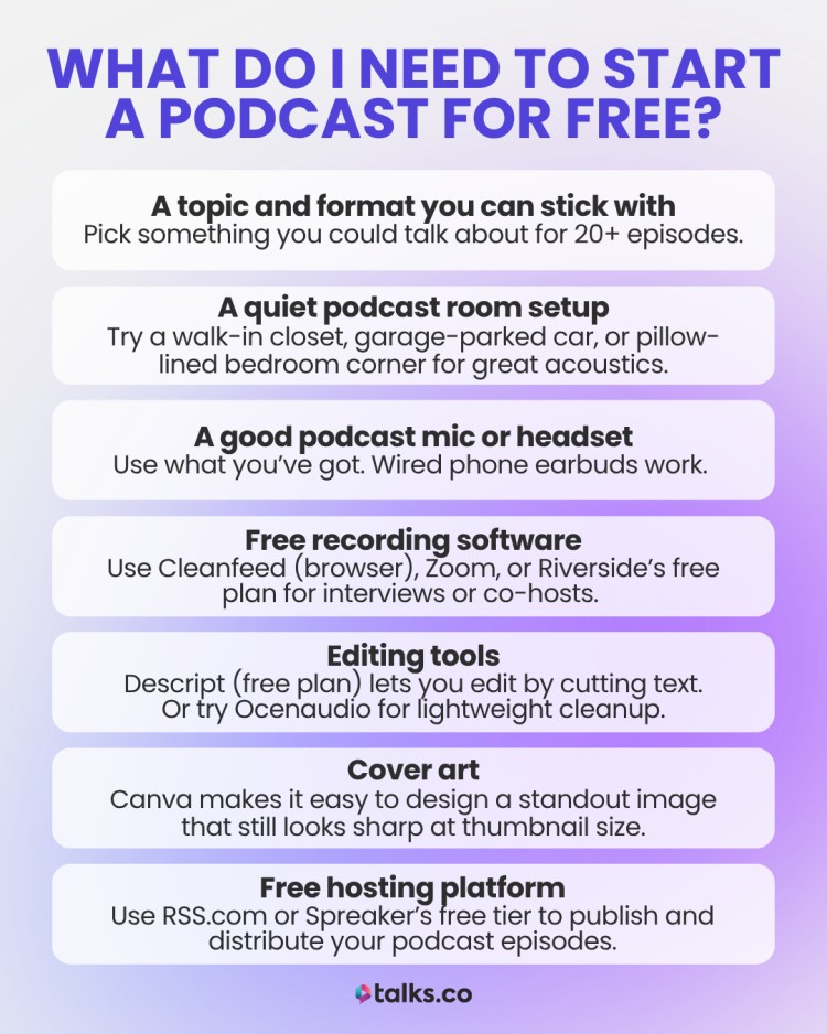 Visual checklist from Talks.co offering a start a podcast guide, listing essential tools and tips for launching a podcast for free.