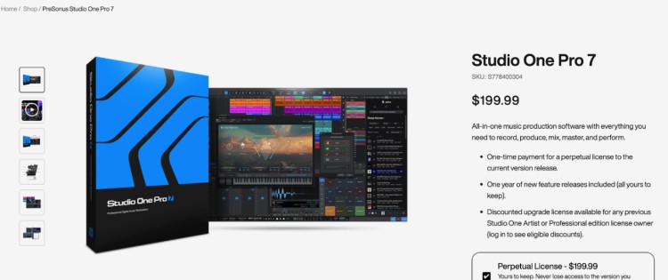 Studio One Pro 7 podcast production software showing advanced multitrack editing and mixing interface for creators.