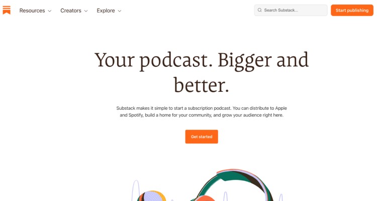 Substack homepage offering creators a way to grow and monetize their podcast and newsletter audiences from one place.