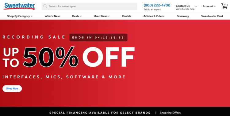 Screenshot of Sweetwater's homepage promoting a recording sale with up to 50% off interfaces, mics, software, and more—ideal for adding sound effects to a podcast.